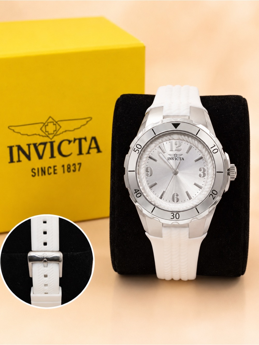 Invicta ANGEL QUARTZ WATCH Silver Dial White Strap Sport Watch